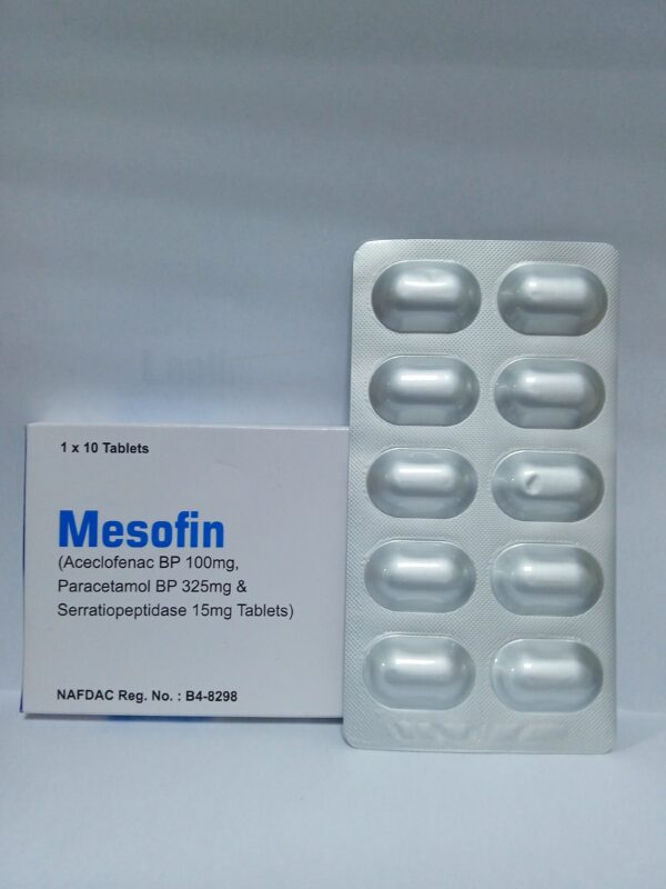 Mesofin (Aceclofenac 100mg, paracetamol 325mg+Serratiopeptidase 15mg) x10 Tablets